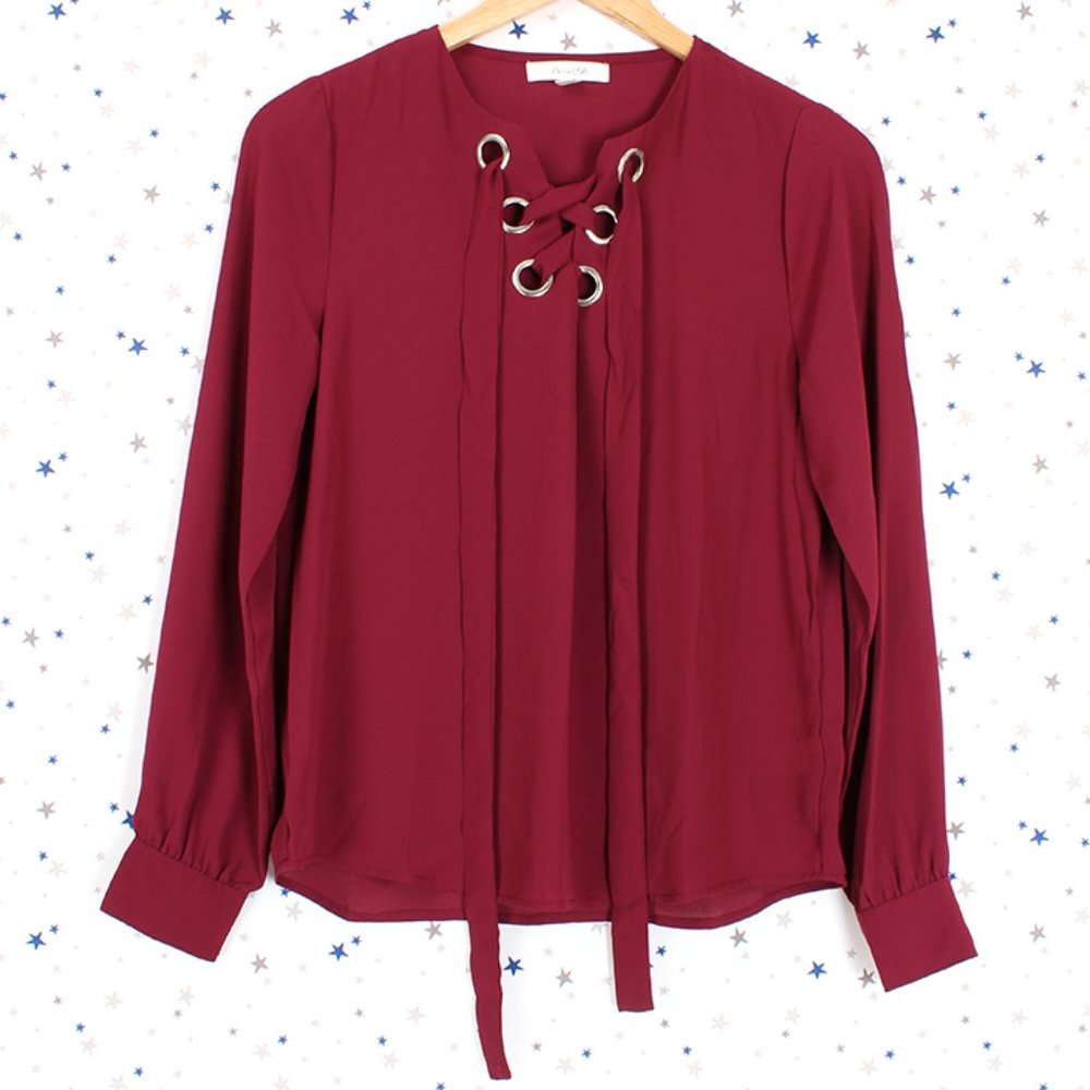 Lace Up Chiffon Blouse Top Wine Burgundy
